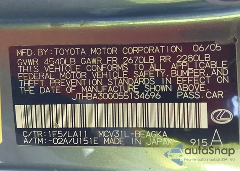 2005 Lexus Es 330 из США, поврежденный, VIN JTHBA30G055134696